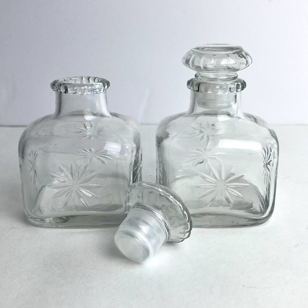 Set of 2 Small Apothecary Jars Square Clear Glass w/ Stopper 4" Starburst Design - Picture 3 of 8